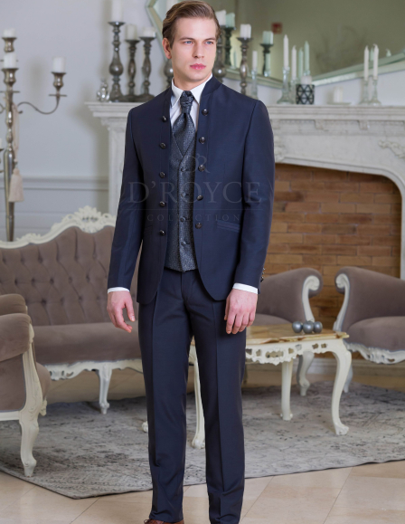 Sötét kék állógalléros öltöny díszgombolással