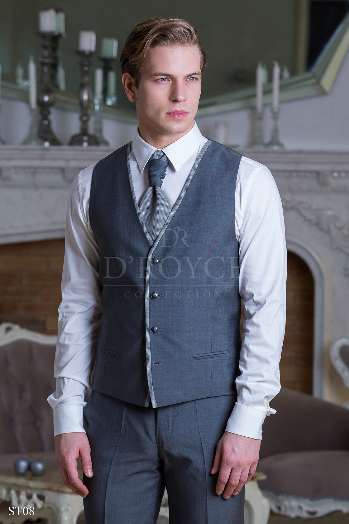 Galambszürke mellény, szatén szegéssel