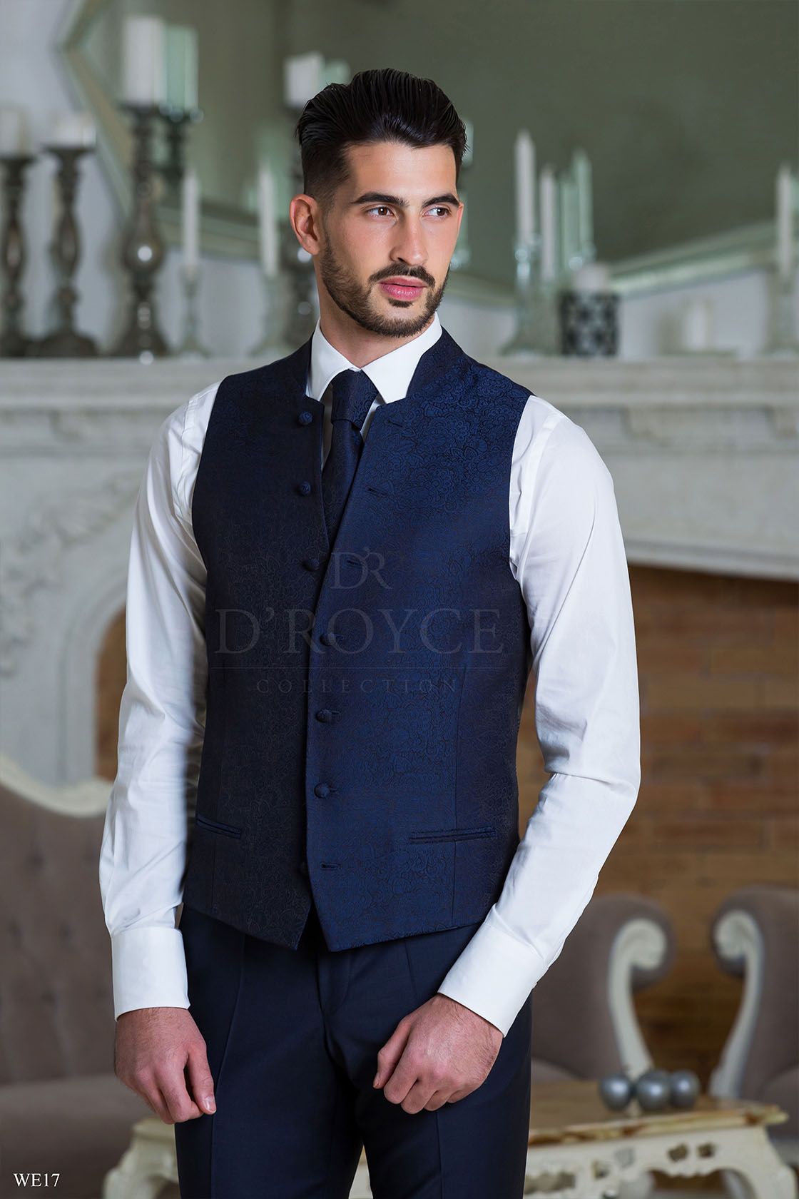 Sötétkék apró mintás szatén díszmellény, állógalléros